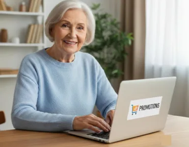 Grand titre : Comment apprendre à utiliser votre PC rapidement : image ou photo d'une personne âgée ou adulte souriant devant un ordinateur portable.