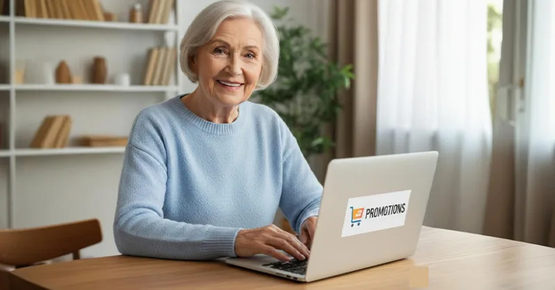 Grand titre : Comment apprendre à utiliser votre PC rapidement : image ou photo d'une personne âgée ou adulte souriant devant un ordinateur portable.