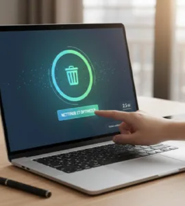 Comment nettoyer votre PC sans rien installer : image ou photo d'n ordinateur portable ouvert, posé sur un bureau clair et propre, avec une main en train de cliquer sur un bouton « Nettoyer » ou une icône de corbeille.