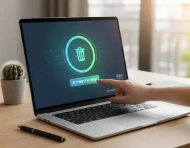 Comment nettoyer votre PC sans rien installer : image ou photo d'n ordinateur portable ouvert, posé sur un bureau clair et propre, avec une main en train de cliquer sur un bouton « Nettoyer » ou une icône de corbeille.