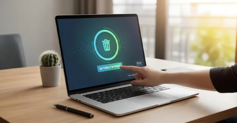 Comment nettoyer votre PC sans rien installer : image ou photo d'n ordinateur portable ouvert, posé sur un bureau clair et propre, avec une main en train de cliquer sur un bouton « Nettoyer » ou une icône de corbeille.