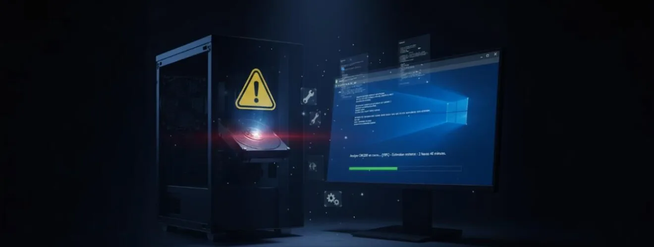 Comment réparer un disque dur endommagé avec CHKDSK : image, photo d'un ordinateur portable ou une tour PC avec un disque dur en surbrillance, affichant un petit icône d’erreur ⚠️ ou un message d’analyse en cours à l’écran.