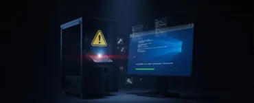 Comment réparer un disque dur endommagé avec CHKDSK : image, photo d'un ordinateur portable ou une tour PC avec un disque dur en surbrillance, affichant un petit icône d’erreur ⚠️ ou un message d’analyse en cours à l’écran.