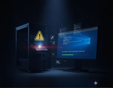 Comment réparer un disque dur endommagé avec CHKDSK : image, photo d'un ordinateur portable ou une tour PC avec un disque dur en surbrillance, affichant un petit icône d’erreur ⚠️ ou un message d’analyse en cours à l’écran.