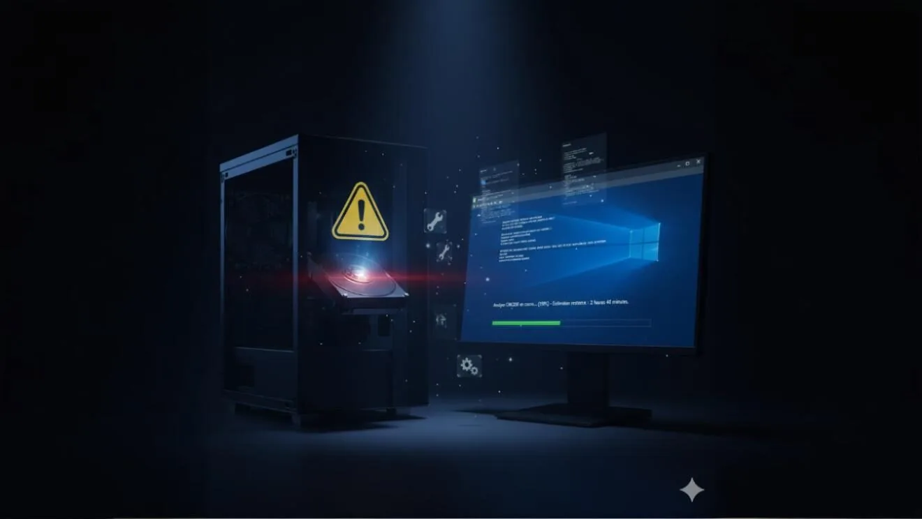 Comment réparer un disque dur endommagé avec CHKDSK : image, photo d'un ordinateur portable ou une tour PC avec un disque dur en surbrillance, affichant un petit icône d’erreur ⚠️ ou un message d’analyse en cours à l’écran.