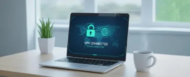 Configurer un VPN sur Windows : image, photo d'un ordinateur portable ouvert sur un bureau, avec un écran affichant une connexion VPN active (avec un globe ou un cadenas).