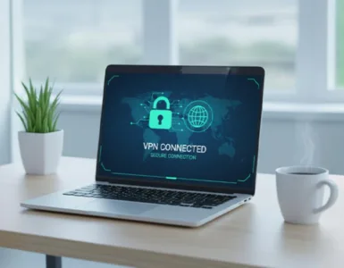 Configurer un VPN sur Windows : image, photo d'un ordinateur portable ouvert sur un bureau, avec un écran affichant une connexion VPN active (avec un globe ou un cadenas).