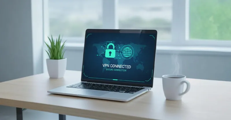 Configurer un VPN sur Windows : image, photo d'un ordinateur portable ouvert sur un bureau, avec un écran affichant une connexion VPN active (avec un globe ou un cadenas).