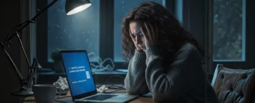 Guide de survie quand ton ordinateur plante : image ou photo d'une femme assis devant un ordinateur portable, l'air frustré ou désespéré (tête dans les mains, froncement de sourcils, posture crispée).