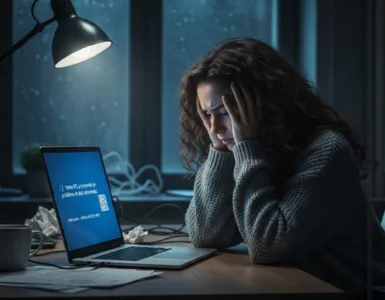 Guide de survie quand ton ordinateur plante : image ou photo d'une femme assis devant un ordinateur portable, l'air frustré ou désespéré (tête dans les mains, froncement de sourcils, posture crispée).
