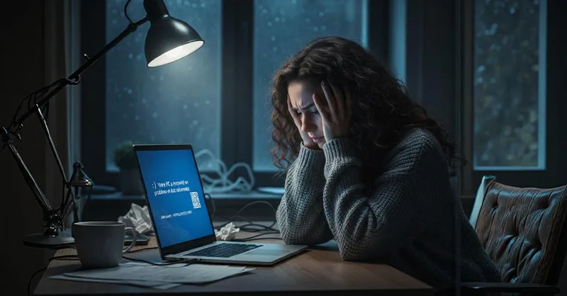 Guide de survie quand ton ordinateur plante : image ou photo d'une femme assis devant un ordinateur portable, l'air frustré ou désespéré (tête dans les mains, froncement de sourcils, posture crispée).