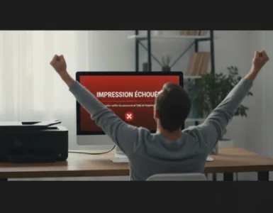 Imprimante qui n’imprime plus ? La solution express : image ou photo d'un bureau à la maison avec une imprimante posée sur un bureau, un écran d’ordinateur affichant un message d’erreur "Impression échouée".