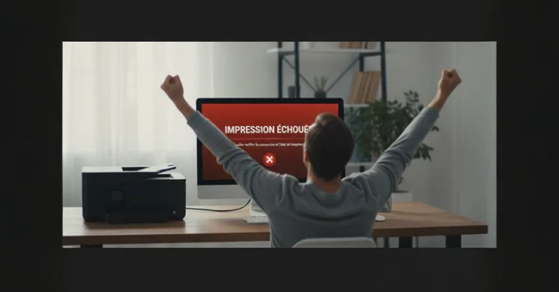 Imprimante qui n’imprime plus ? La solution express : image ou photo d'un bureau à la maison avec une imprimante posée sur un bureau, un écran d’ordinateur affichant un message d’erreur "Impression échouée".