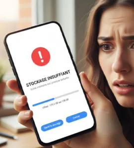 Mémoire saturée ? Libérez de l’espace sur votre téléphone : image ou photo d'n smartphone en gros plan, avec un message d’alerte de mémoire pleine affiché à l’écran.