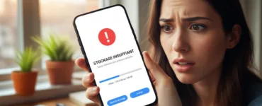 Mémoire saturée ? Libérez de l’espace sur votre téléphone : image ou photo d'n smartphone en gros plan, avec un message d’alerte de mémoire pleine affiché à l’écran.