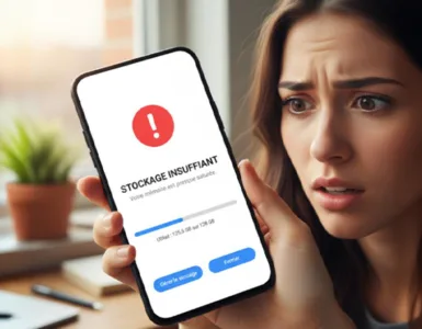 Mémoire saturée ? Libérez de l’espace sur votre téléphone : image ou photo d'n smartphone en gros plan, avec un message d’alerte de mémoire pleine affiché à l’écran.