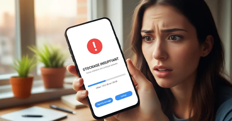 Mémoire saturée ? Libérez de l’espace sur votre téléphone : image ou photo d'n smartphone en gros plan, avec un message d’alerte de mémoire pleine affiché à l’écran.