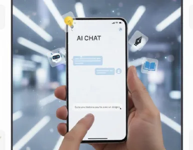 Prompt : image ou photo d'un smartphone affichant une interface de type chat avec une main en train d’écrire un prompt.