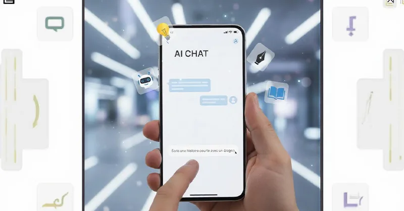 Prompt : image ou photo d'un smartphone affichant une interface de type chat avec une main en train d’écrire un prompt.