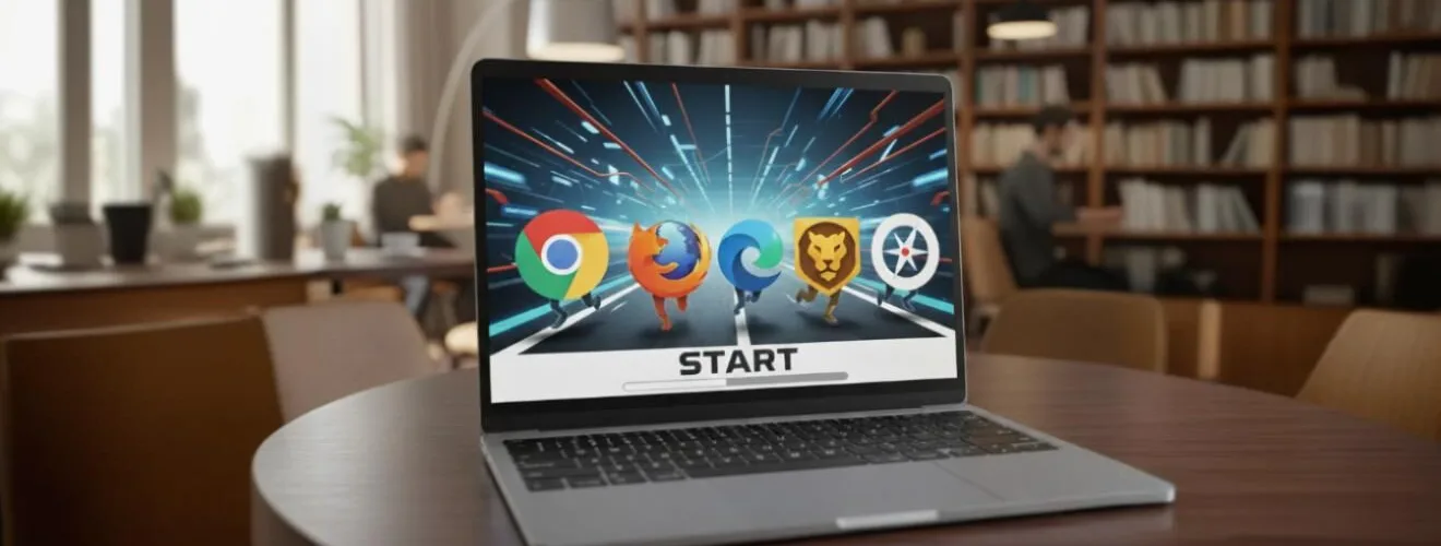 Quel navigateur est le plus rapide : image ou photo représentant écran d’ordinateur ou un laptop ouvert, affichant plusieurs logos de navigateurs (Chrome, Firefox, Edge, Brave, Safari).
