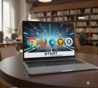 Quel navigateur est le plus rapide : image ou photo représentant écran d’ordinateur ou un laptop ouvert, affichant plusieurs logos de navigateurs (Chrome, Firefox, Edge, Brave, Safari).