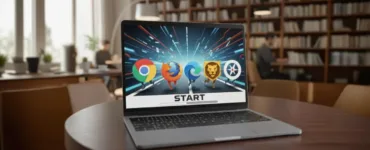 Quel navigateur est le plus rapide : image ou photo représentant écran d’ordinateur ou un laptop ouvert, affichant plusieurs logos de navigateurs (Chrome, Firefox, Edge, Brave, Safari).