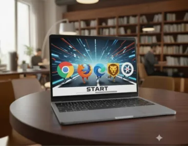 Quel navigateur est le plus rapide : image ou photo représentant écran d’ordinateur ou un laptop ouvert, affichant plusieurs logos de navigateurs (Chrome, Firefox, Edge, Brave, Safari).
