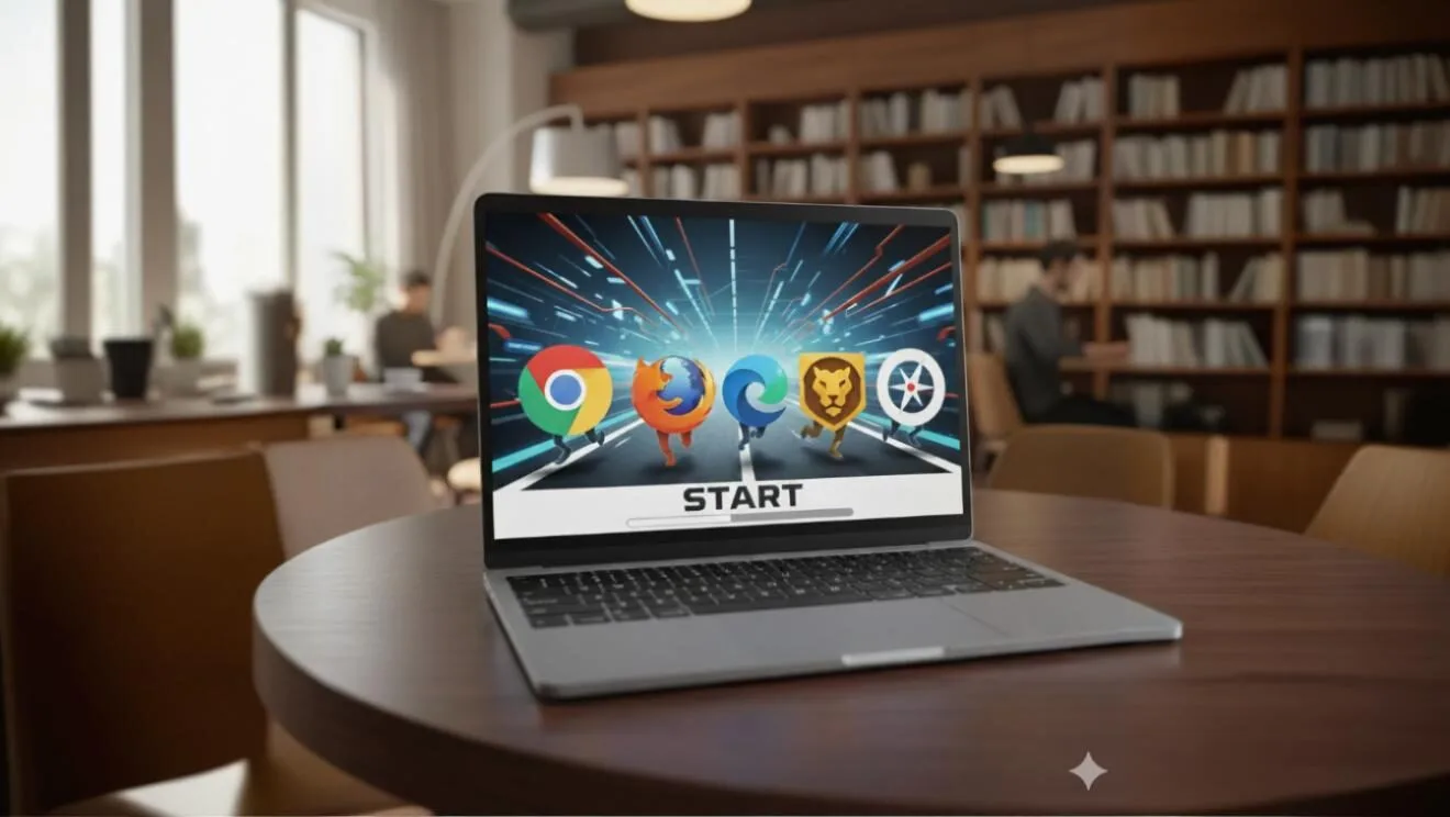 Quel navigateur est le plus rapide : image ou photo représentant écran d’ordinateur ou un laptop ouvert, affichant plusieurs logos de navigateurs (Chrome, Firefox, Edge, Brave, Safari).