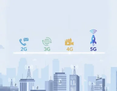 Réseaux mobiles : tout comprendre du 2G au 5G : image, photo représentant d'un visuel moderne et clair montrant une évolution chronologique des réseaux mobiles. Par exemple, une ligne du temps horizontale avec les étiquettes 2G, 3G, 4G, 5G.