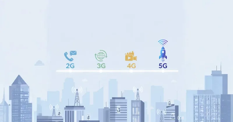 Réseaux mobiles : tout comprendre du 2G au 5G : image, photo représentant d'un visuel moderne et clair montrant une évolution chronologique des réseaux mobiles. Par exemple, une ligne du temps horizontale avec les étiquettes 2G, 3G, 4G, 5G.