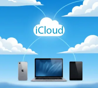 iCloud : image ou photo d'un ciel bleu clair avec des nuages blancs, au centre icône iCloud.