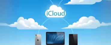 iCloud : image ou photo d'un ciel bleu clair avec des nuages blancs, au centre icône iCloud.