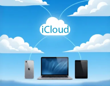 iCloud : image ou photo d'un ciel bleu clair avec des nuages blancs, au centre icône iCloud.