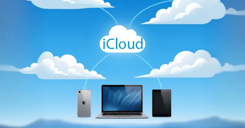 iCloud : image ou photo d'un ciel bleu clair avec des nuages blancs, au centre icône iCloud.