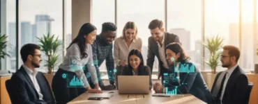 Outils numériques indispensables pour une équipe performante : image ou photo d'une équipe multiculturelle en train de collaborer autour d’un ordinateur portable dans un espace de travail moderne.