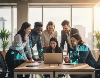 Outils numériques indispensables pour une équipe performante : image ou photo d'une équipe multiculturelle en train de collaborer autour d’un ordinateur portable dans un espace de travail moderne.