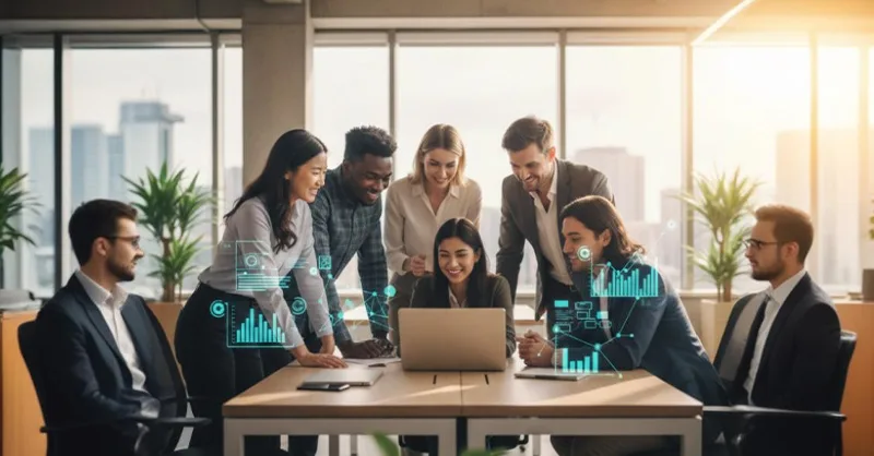 Outils numériques indispensables pour une équipe performante : image ou photo d'une équipe multiculturelle en train de collaborer autour d’un ordinateur portable dans un espace de travail moderne.