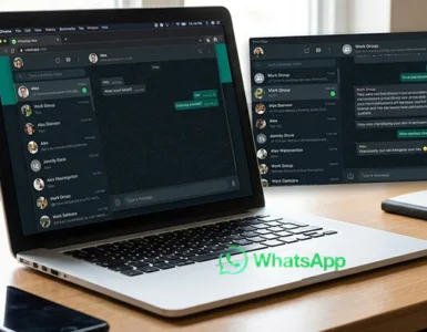Installer 2 WhatsApp : image ou photo d'un écran d’ordinateur portable ouvert avec deux fenêtres visibles côte à côte montrant WhatsApp Web ou l’interface de WhatsApp.