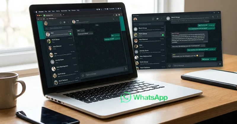Installer 2 WhatsApp : image ou photo d'un écran d’ordinateur portable ouvert avec deux fenêtres visibles côte à côte montrant WhatsApp Web ou l’interface de WhatsApp.
