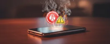 Batterie de téléphone trop chaude : image ou photo représentant un téléphone moderne posé sur une table avec des effets de chaleur visibles (vapeur ou flou thermique) sortant de la batterie.