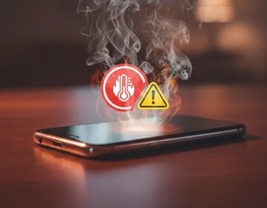 Batterie de téléphone trop chaude : image ou photo représentant un téléphone moderne posé sur une table avec des effets de chaleur visibles (vapeur ou flou thermique) sortant de la batterie.
