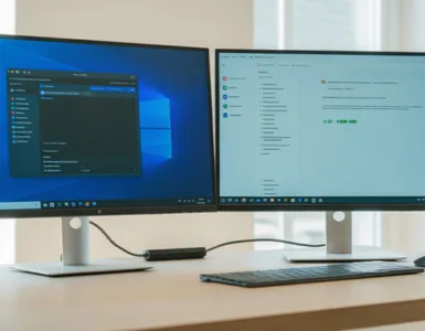 2 écrans sur un PC : image ou photo d'un PC de bureau ou un ordinateur portable, connecté à deux écrans.