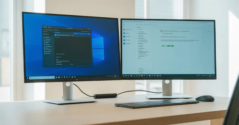 2 écrans sur un PC : image ou photo d'un PC de bureau ou un ordinateur portable, connecté à deux écrans.