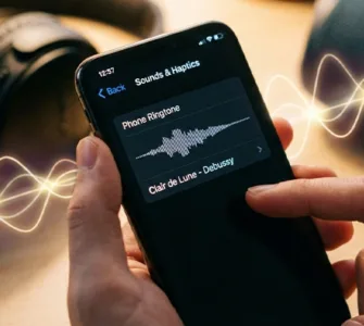 Personnaliser la sonnerie d’un téléphone : image ou phone d'une main qui tient un smartphone affichant l'écran des réglages de sonnerie.