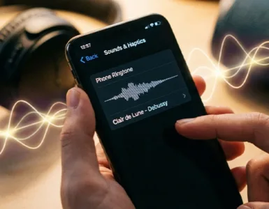 Personnaliser la sonnerie d’un téléphone : image ou phone d'une main qui tient un smartphone affichant l'écran des réglages de sonnerie.