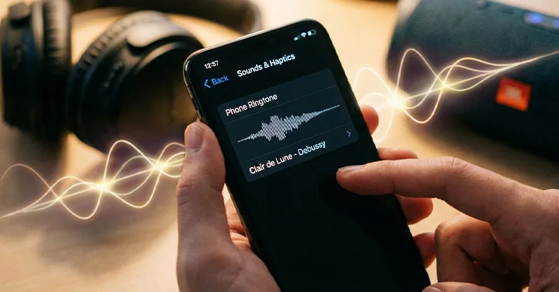 Personnaliser la sonnerie d’un téléphone : image ou phone d'une main qui tient un smartphone affichant l'écran des réglages de sonnerie.