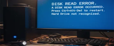 Disque dur illisible : image ou photo un disque dur externe ou interne posé sur un bureau, avec un message d’erreur à l’écran de l’ordinateur.