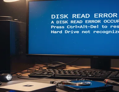 Disque dur illisible : image ou photo un disque dur externe ou interne posé sur un bureau, avec un message d’erreur à l’écran de l’ordinateur.