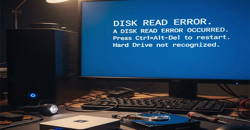 Disque dur illisible : image ou photo un disque dur externe ou interne posé sur un bureau, avec un message d’erreur à l’écran de l’ordinateur.