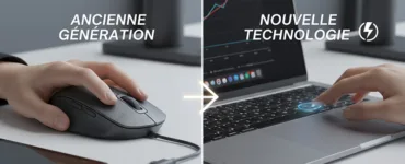 Les secrets de pave tactile : image ou photo montrant une main sur une souris à gauche, une autre sur un pavé tactile à droite.